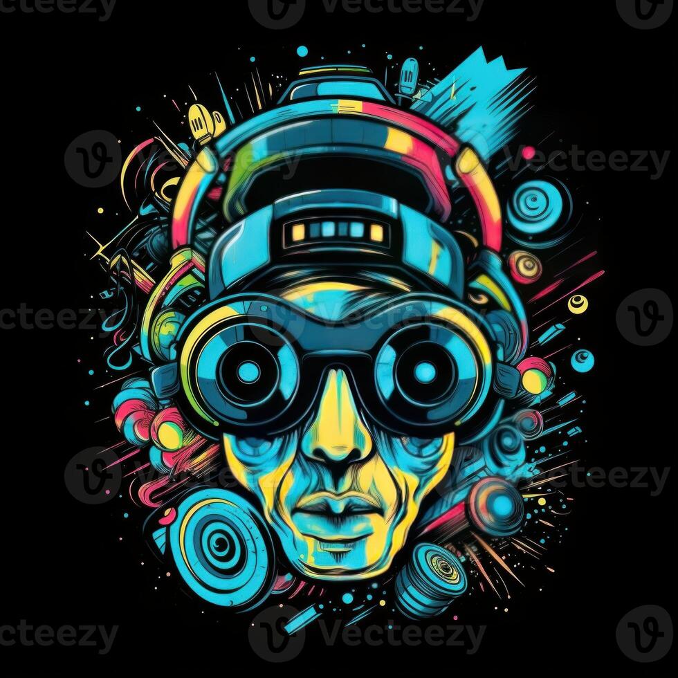 een logo voor t-shirt logo voor onderwerp dj trippy grafiteit Aan zwart achtergrond generatief ai foto