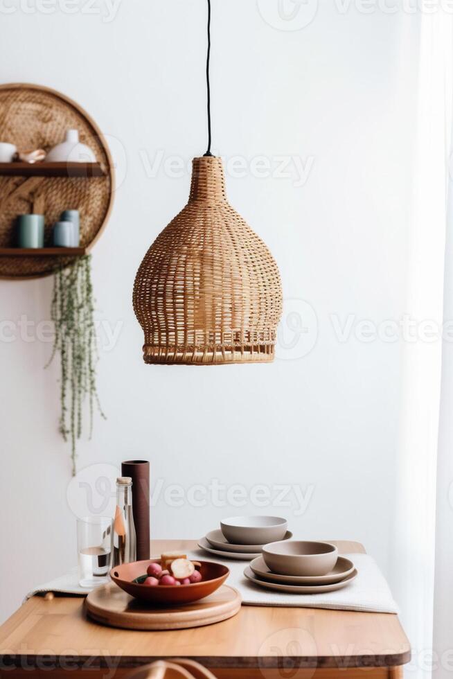 ai gegenereerd binnen- dining kamer visie met boho esthetisch foto