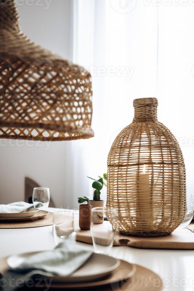 ai gegenereerd binnen- dining kamer visie met boho esthetisch foto