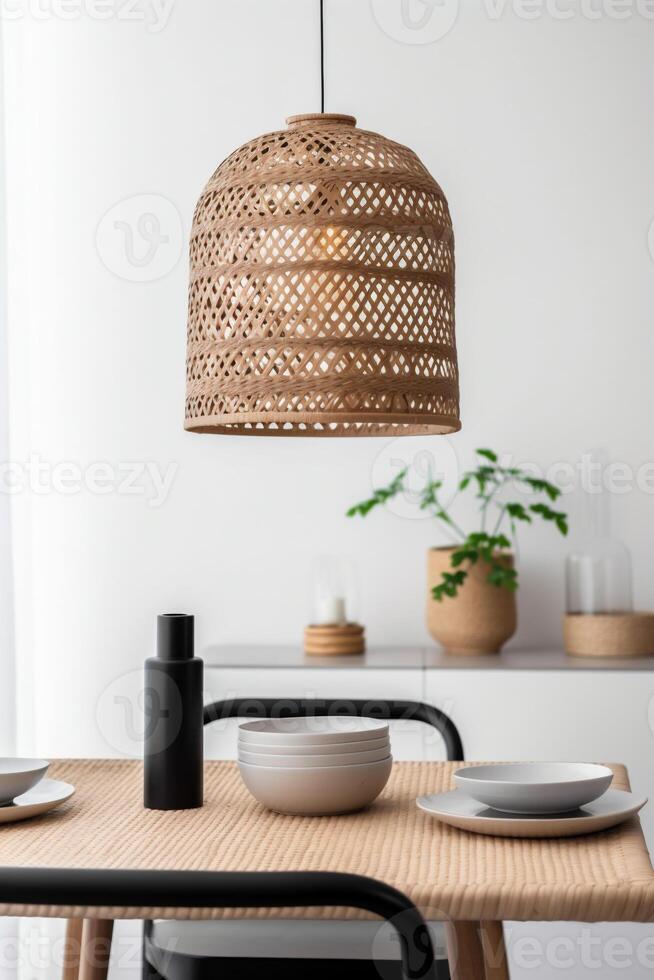 ai gegenereerd binnen- dining kamer visie met boho esthetisch foto