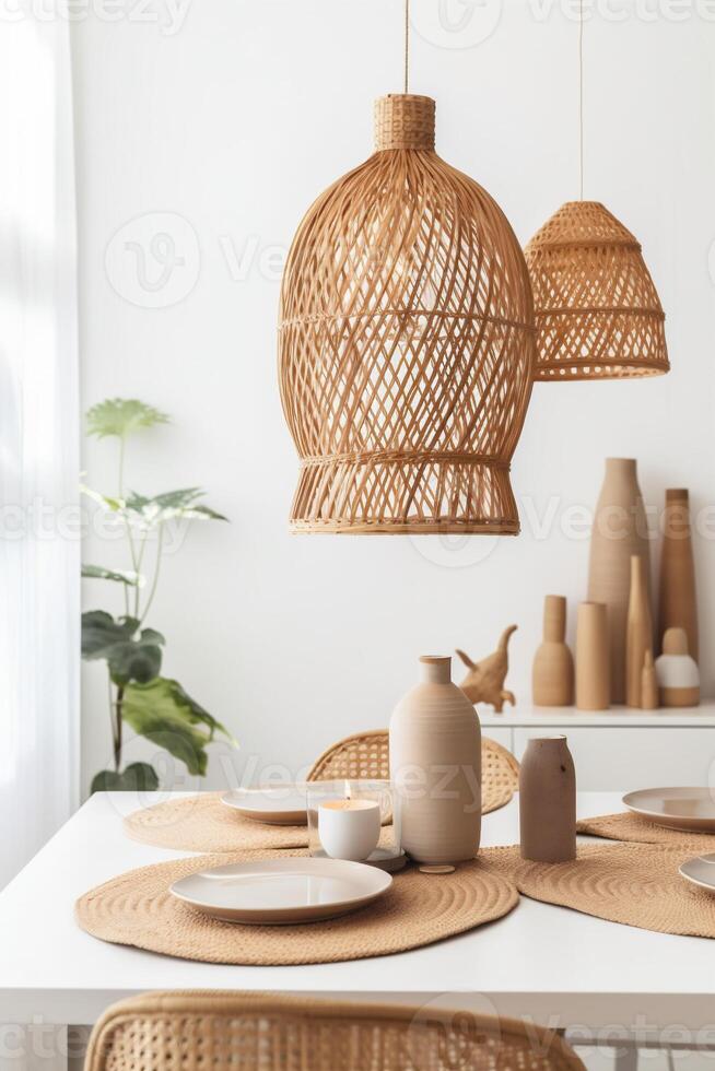 ai gegenereerd binnen- dining kamer visie met boho esthetisch foto