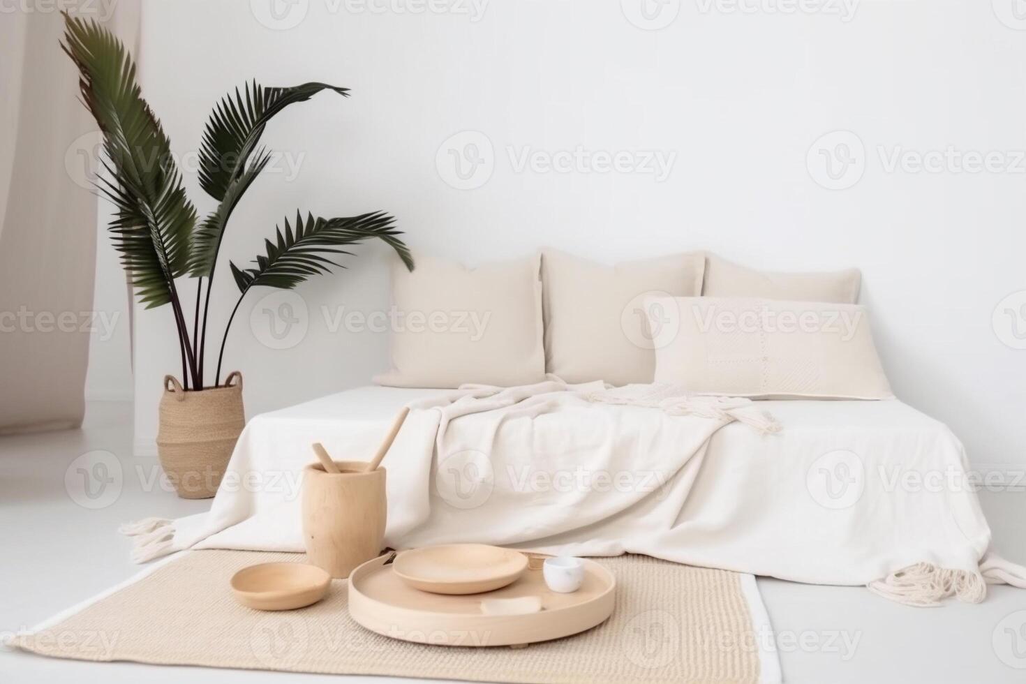 ai gegenereerd binnen- slaapkamer visie met boho esthetisch foto