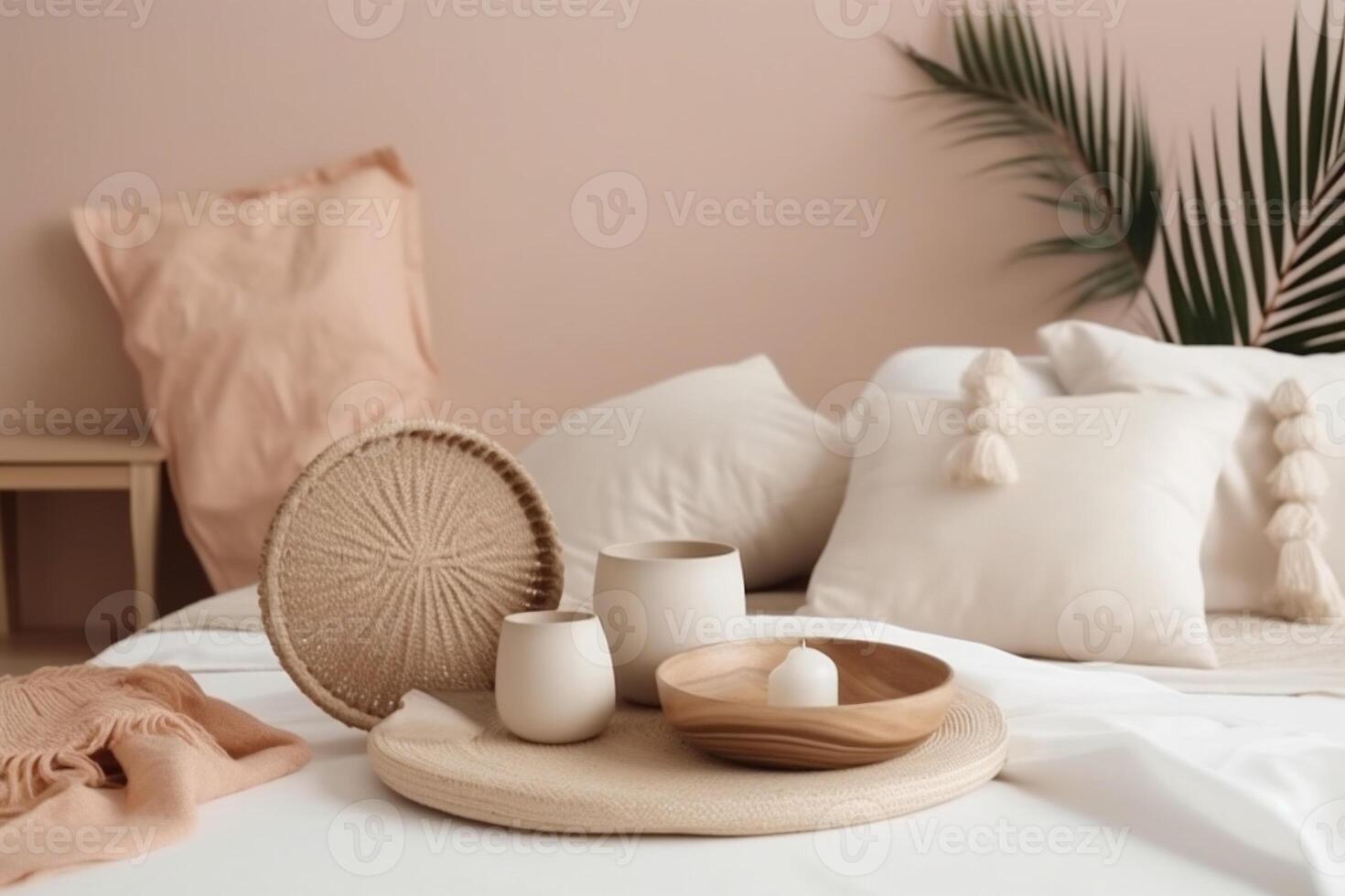 ai gegenereerd binnen- slaapkamer visie met boho esthetisch foto