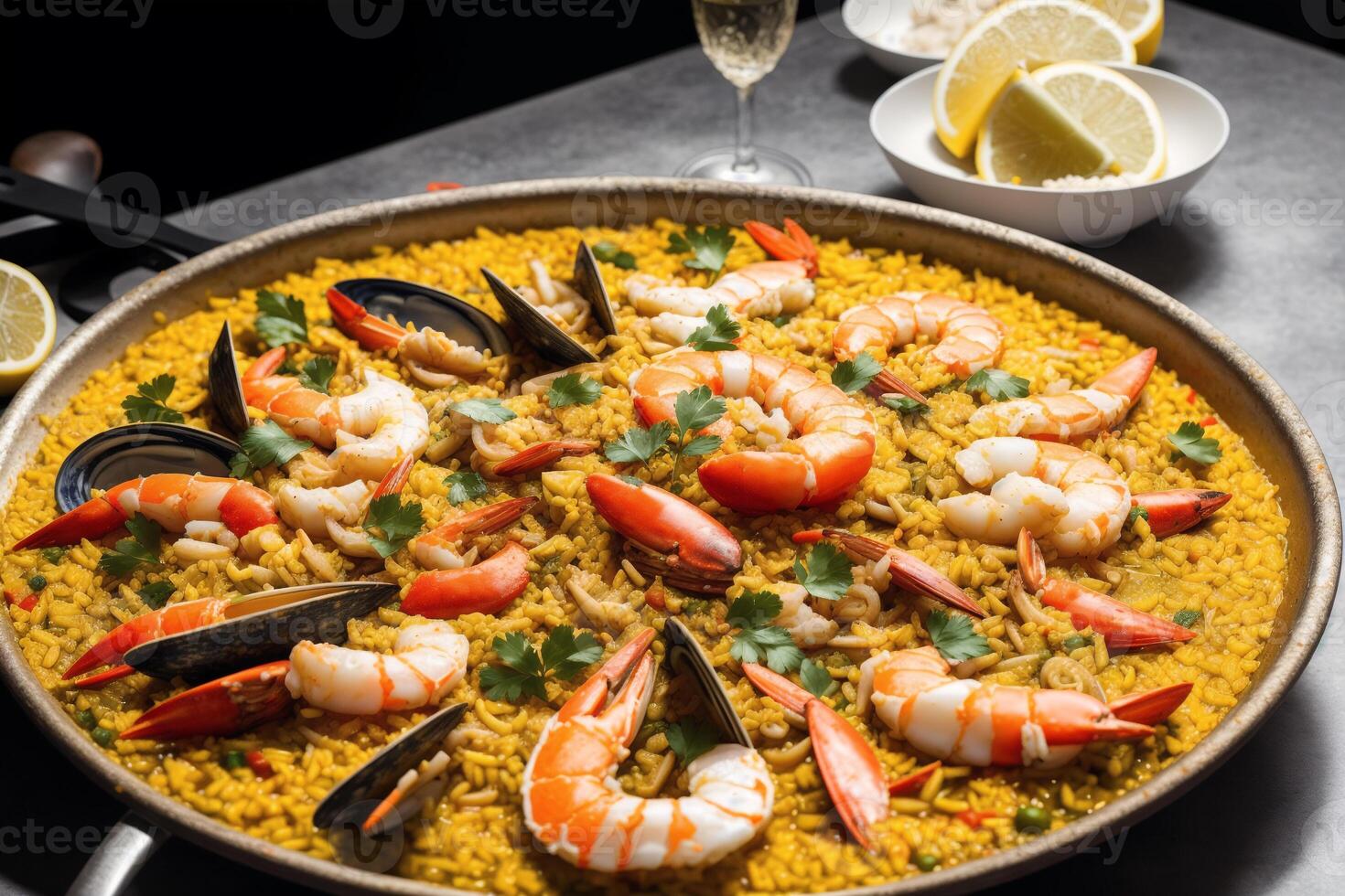 paëlla, traditioneel Spaans schotel gemaakt met rijst, kip en groenten, geserveerd in een pan. paella met zeevruchten. Spaans keuken. generatief ai foto