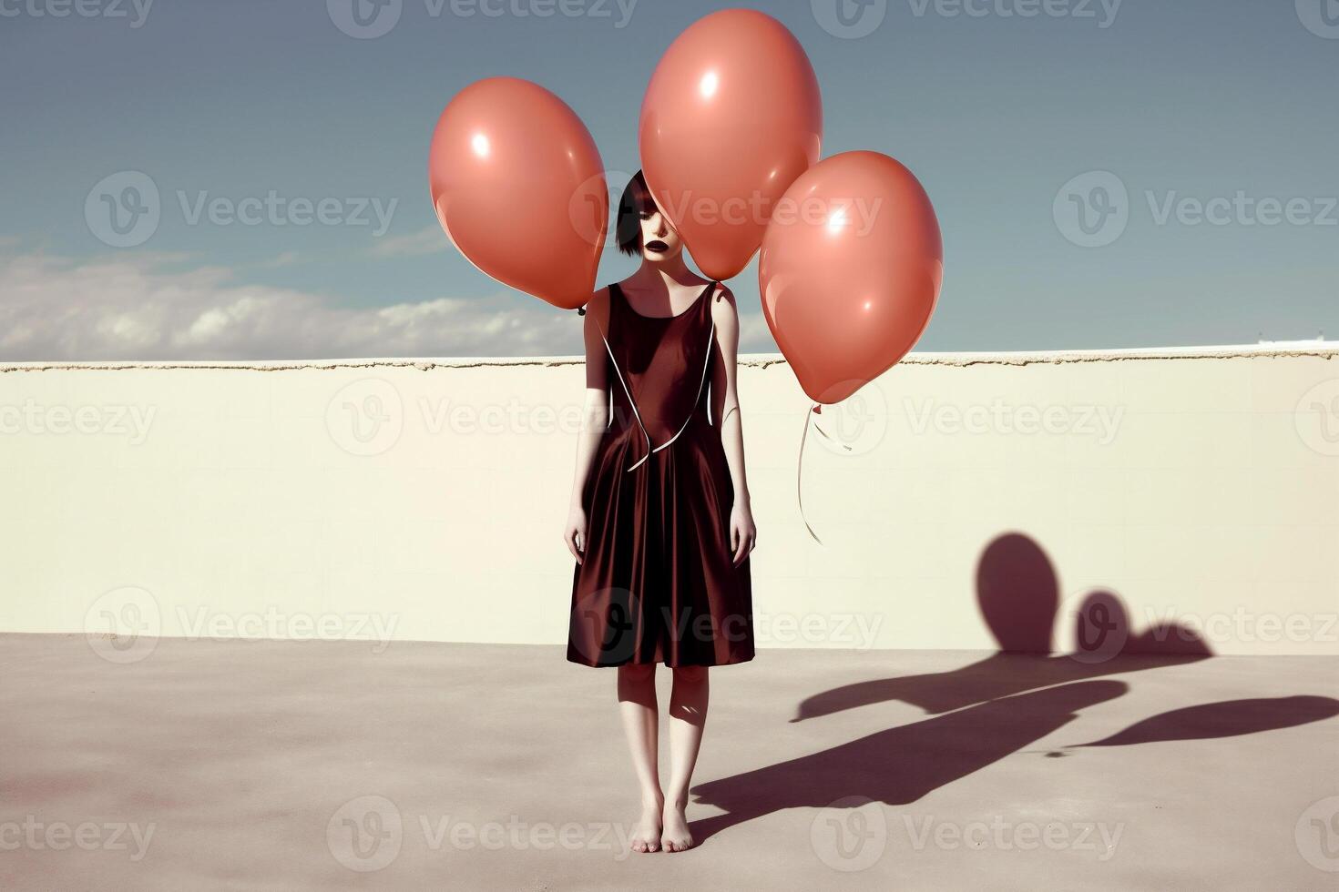 ai gegenereerd vrouw Holding roze ballonnen foto