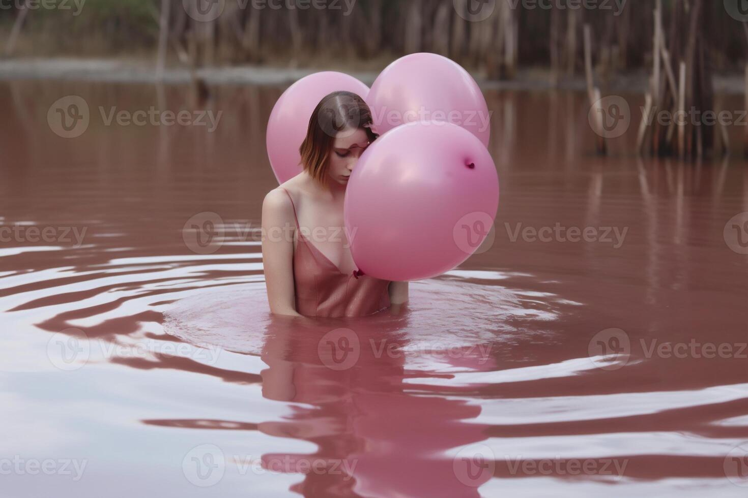ai gegenereerd vrouw met roze ballonnen foto