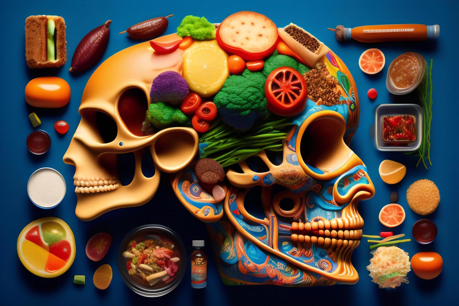de anatomie van een zoombie hoofd gemaakt van rommel voedsel. ai gegenereerd foto
