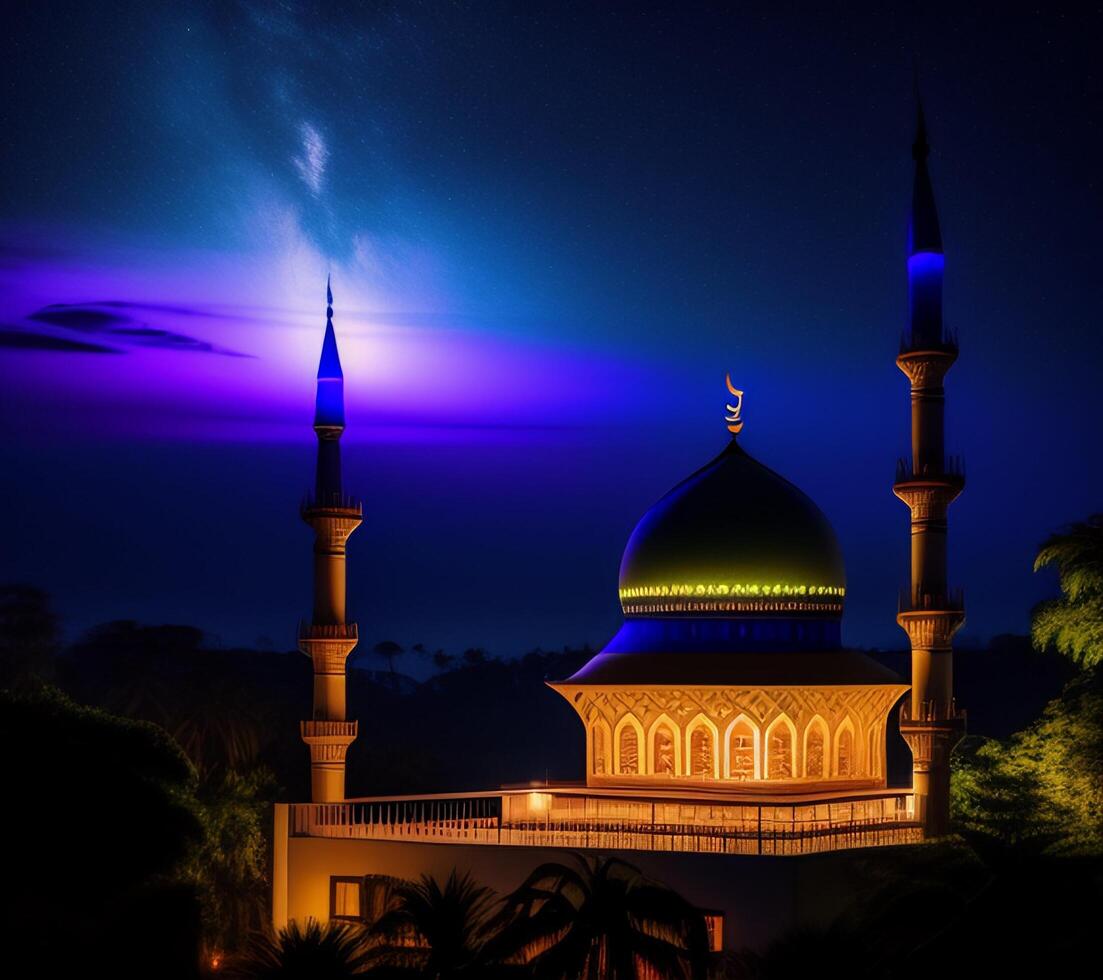 een moskee met donker neon en mooi weer ai gegenereerd foto
