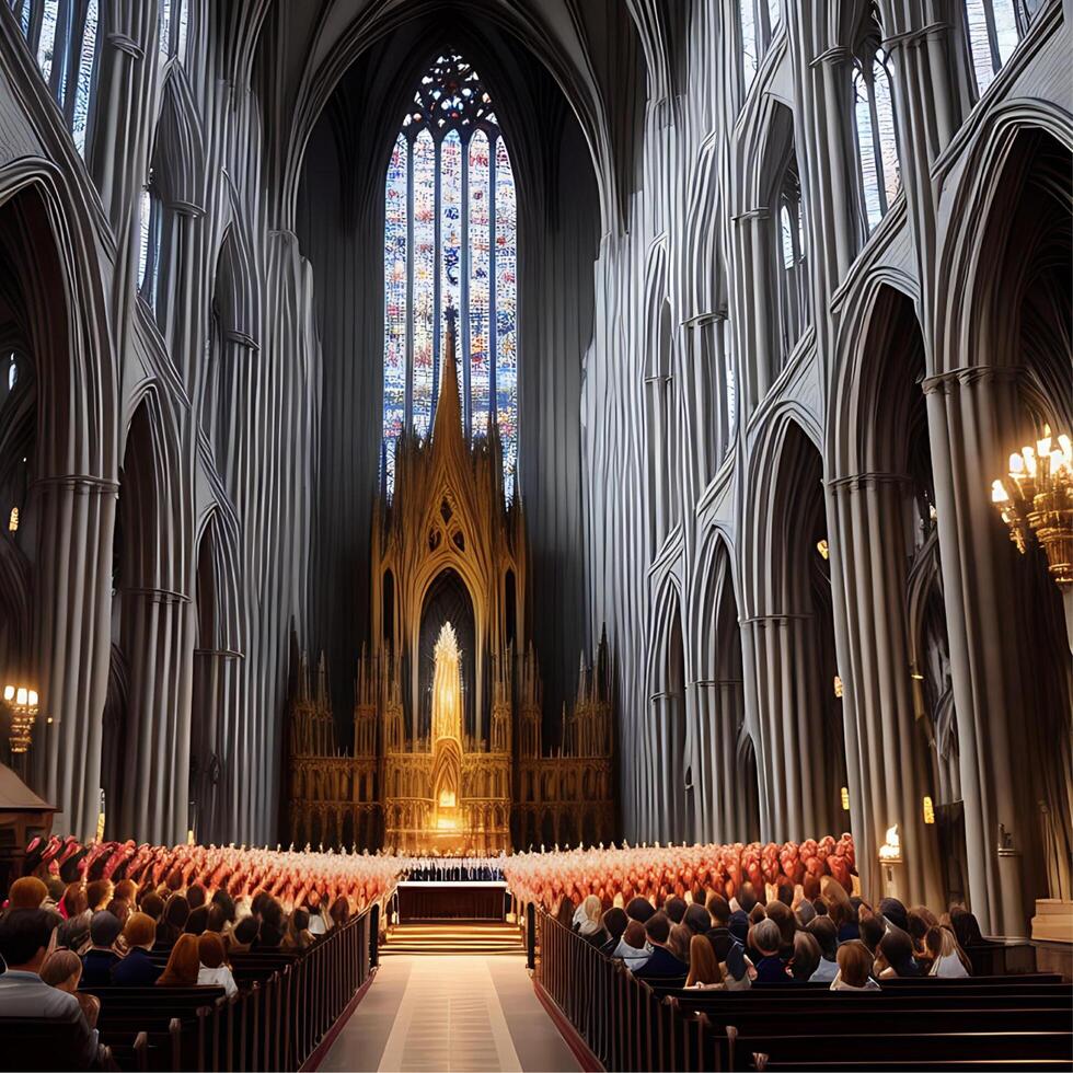 binnen een kathedraal gedurende gemeenschap onderhoud illustratie ai gegenereerd foto