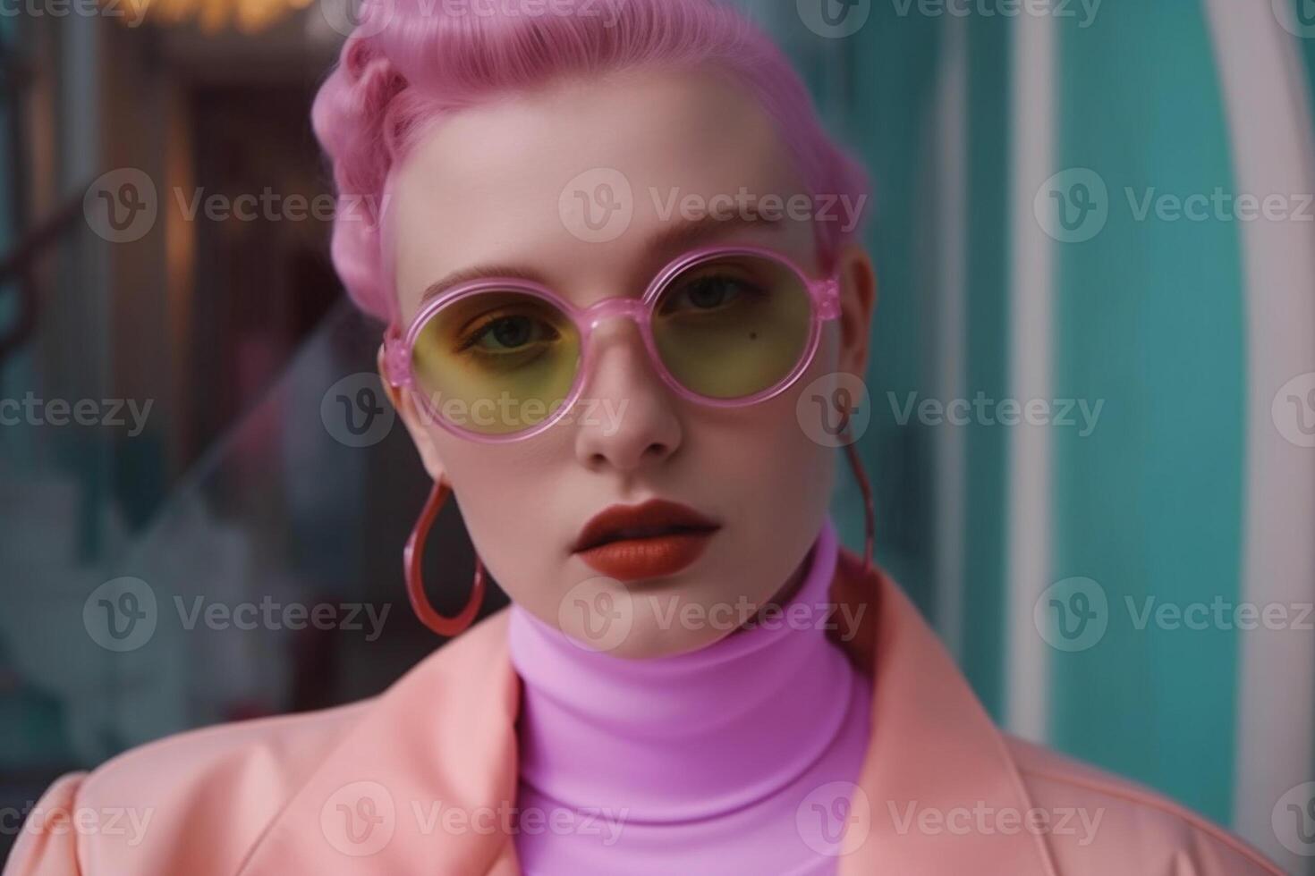ai gegenereerd vrouw met roze bril en kleding foto