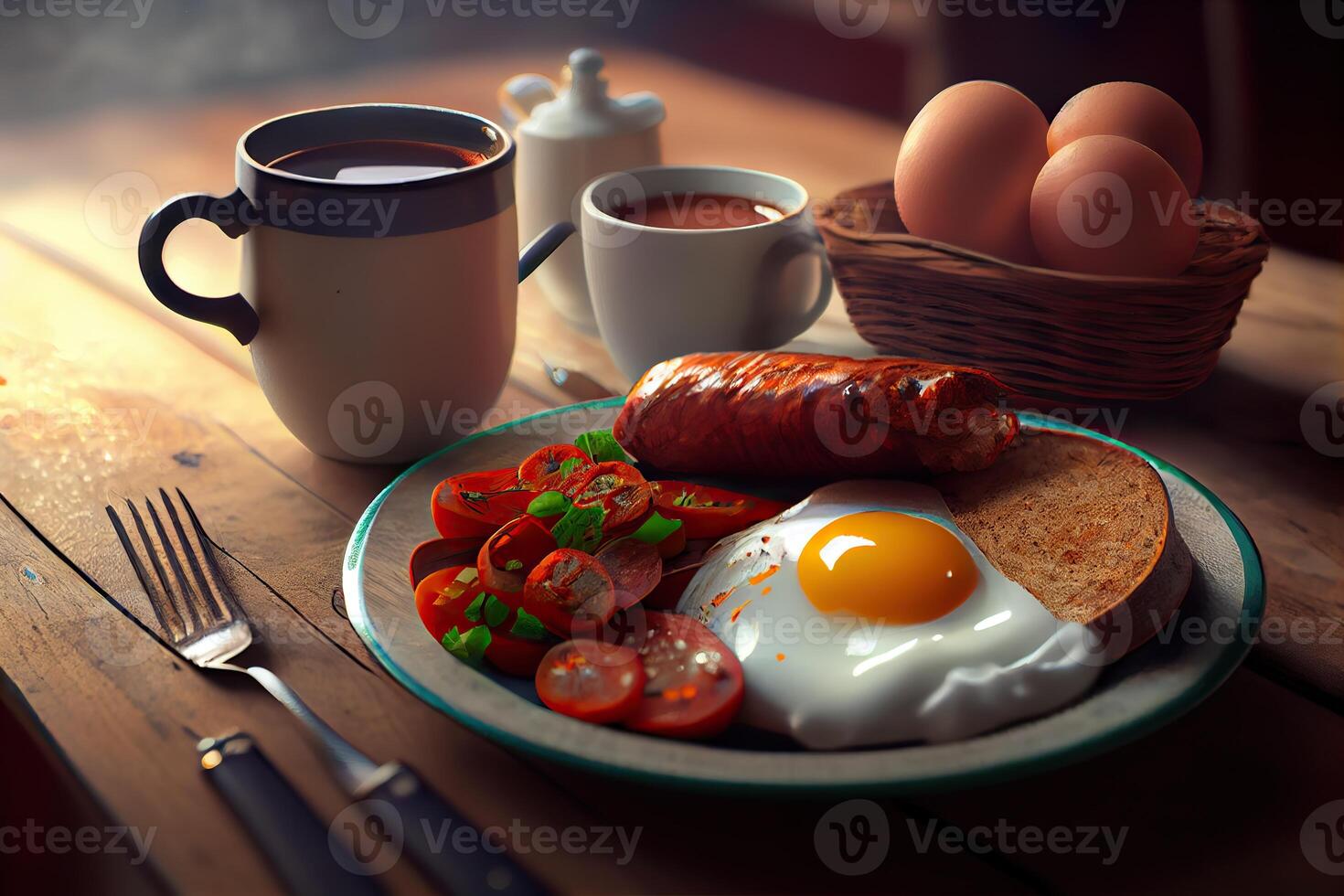 generatief ai illustratie van gebakken eieren en spek en hasj bruin en zwart pudding en champignons en geroosterd brood... foto