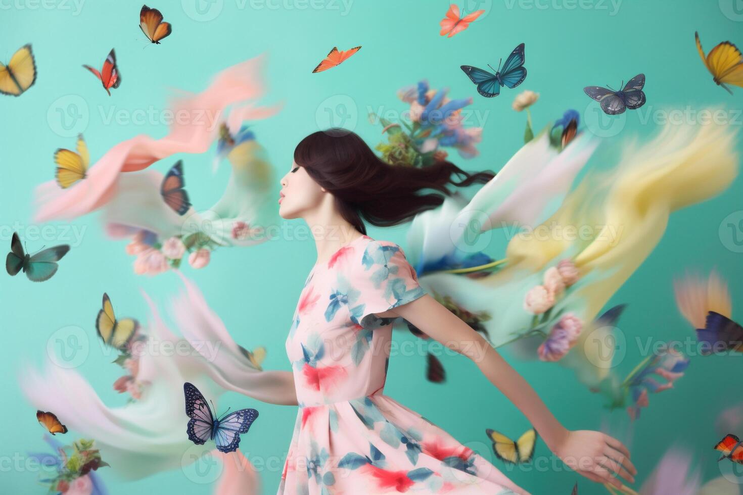 ai gegenereerd vrouw met vlinders, voorjaar concept foto
