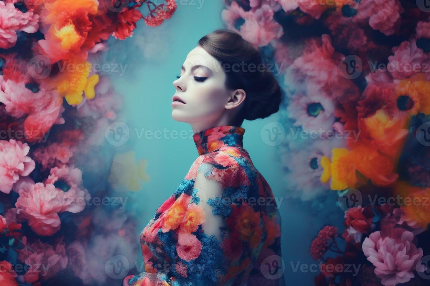 ai gegenereerd vrouw met bloemen, voorjaar concept foto