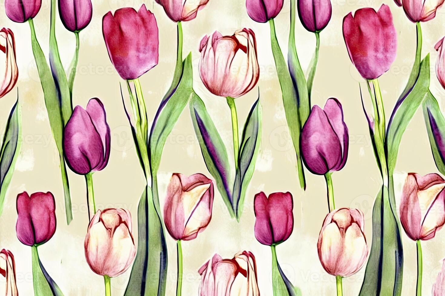 generatief ai. bloem patroon met tulpen, pastel waterverf illustratie foto