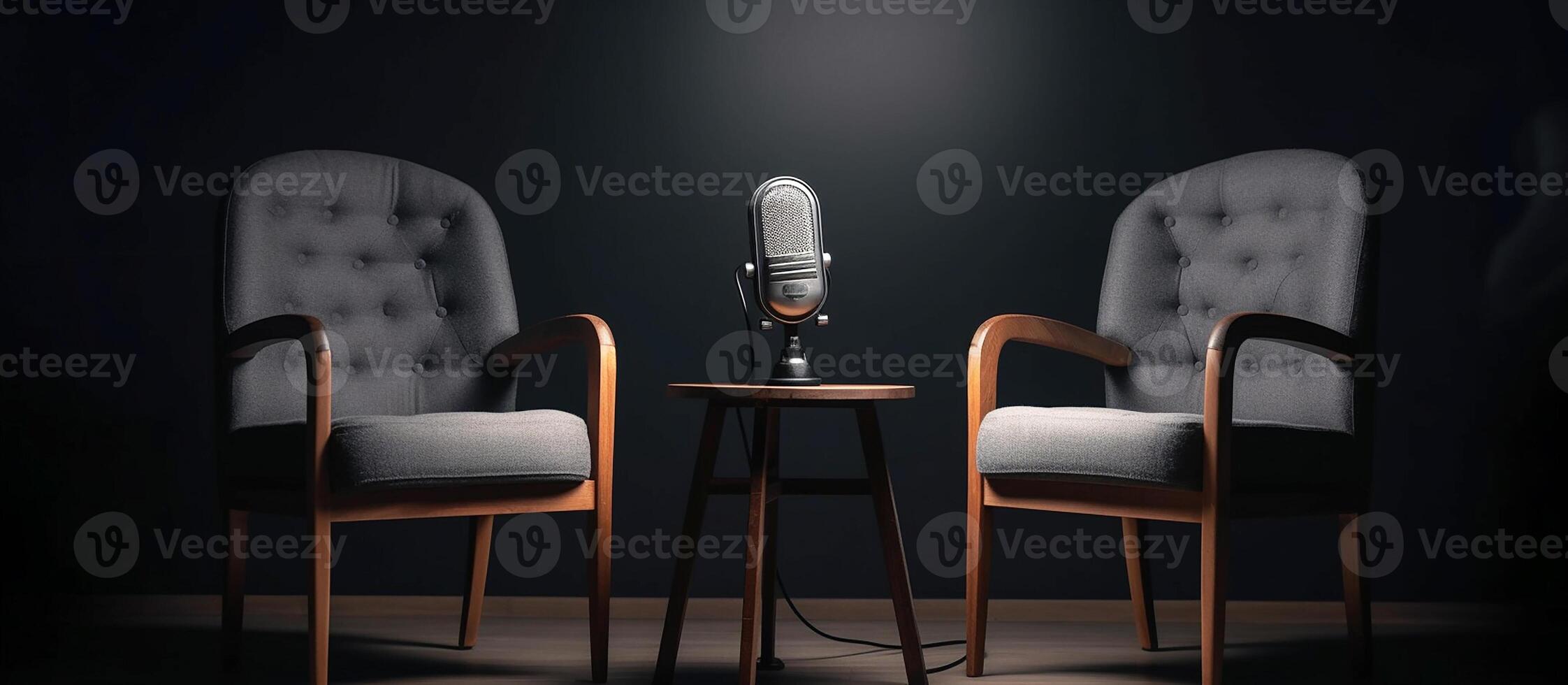 de interieur van de podcast studio, twee stoelen met microfoons, donker gedempt tonen. generatief ai foto