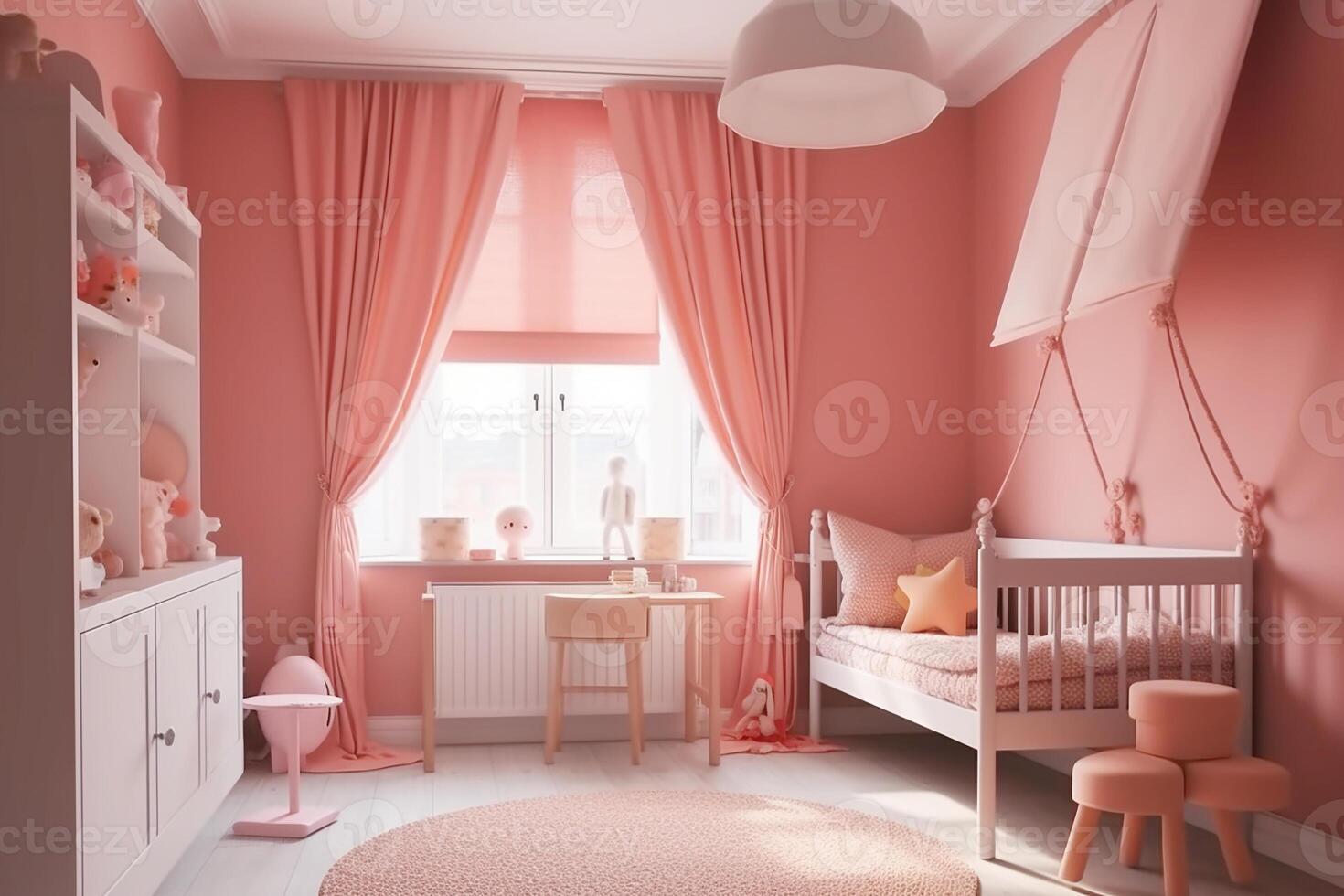 modern ontwerp van een kinderen kamer voor een weinig meisje in roze. generatief ai foto