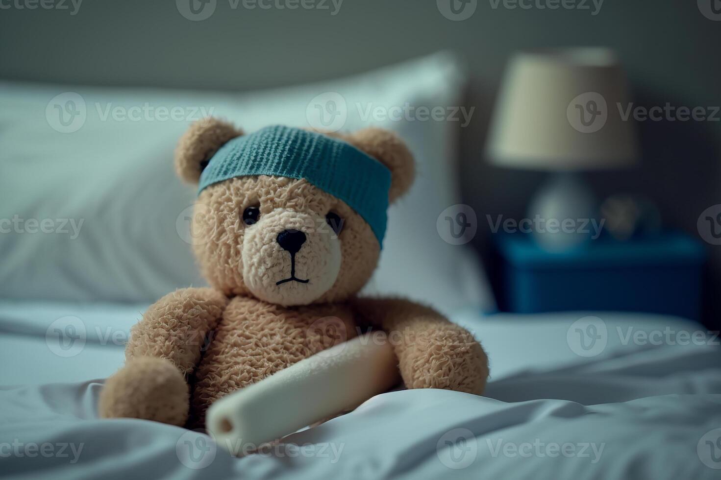 ziek knuffel, een speelgoed- in bed met een verband Aan zijn hoofd. generatief ai foto