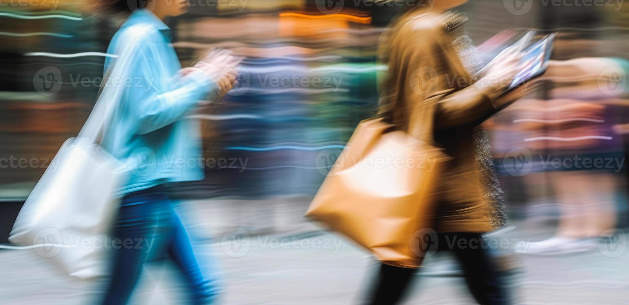 twee wazig in beweging Dames met Tassen Aan stad straat foto