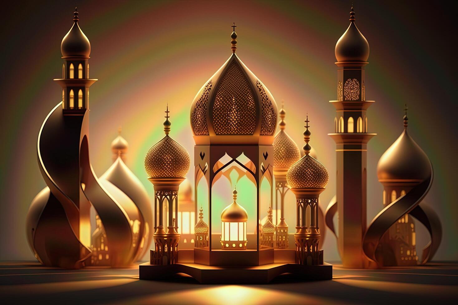 eid mubarak achtergrond, moskee in de maanlicht Bij nacht 3d illustratie, Arabisch lantaarns, ai generatief. foto