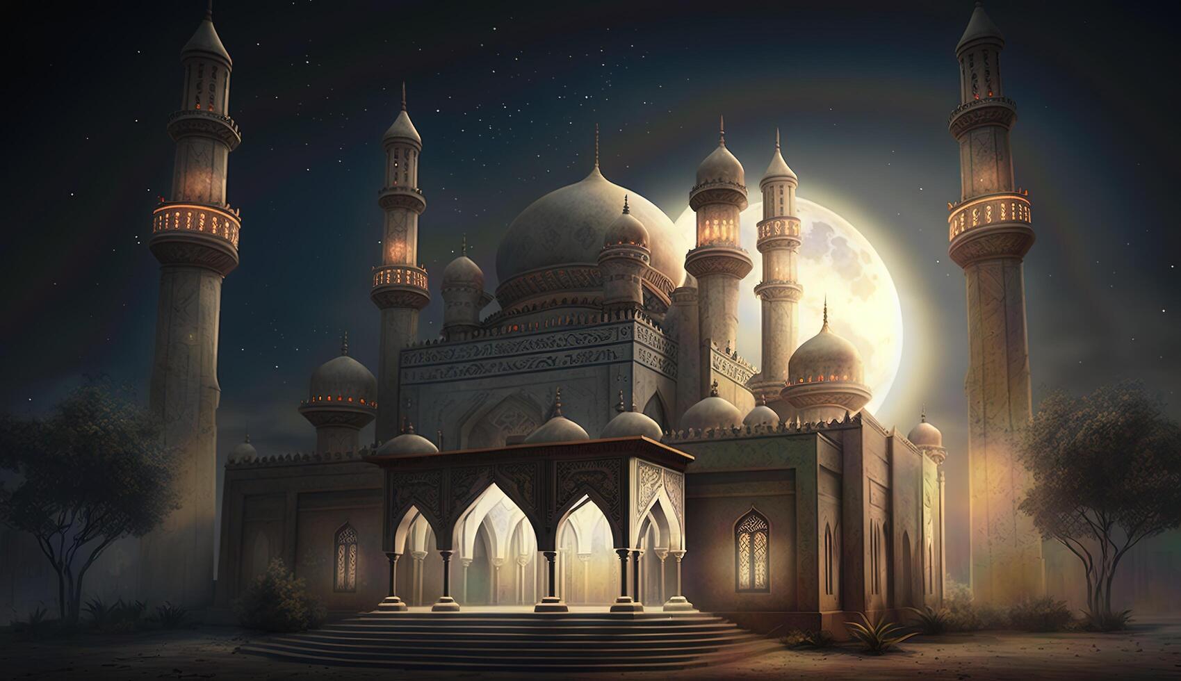 eid mubarak achtergrond, moskee in de maanlicht Bij nacht 3d illustratie, Arabisch lantaarns, ai generatief. foto