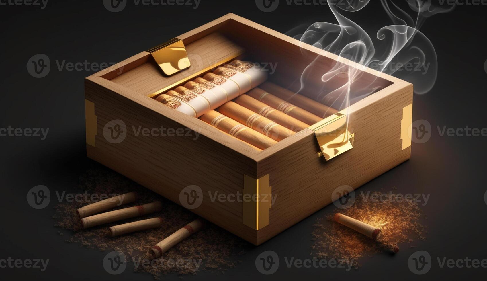 realistisch illustratie van sigaar sigaretten in een klassiek houten doos met rook effect, generatief ai foto