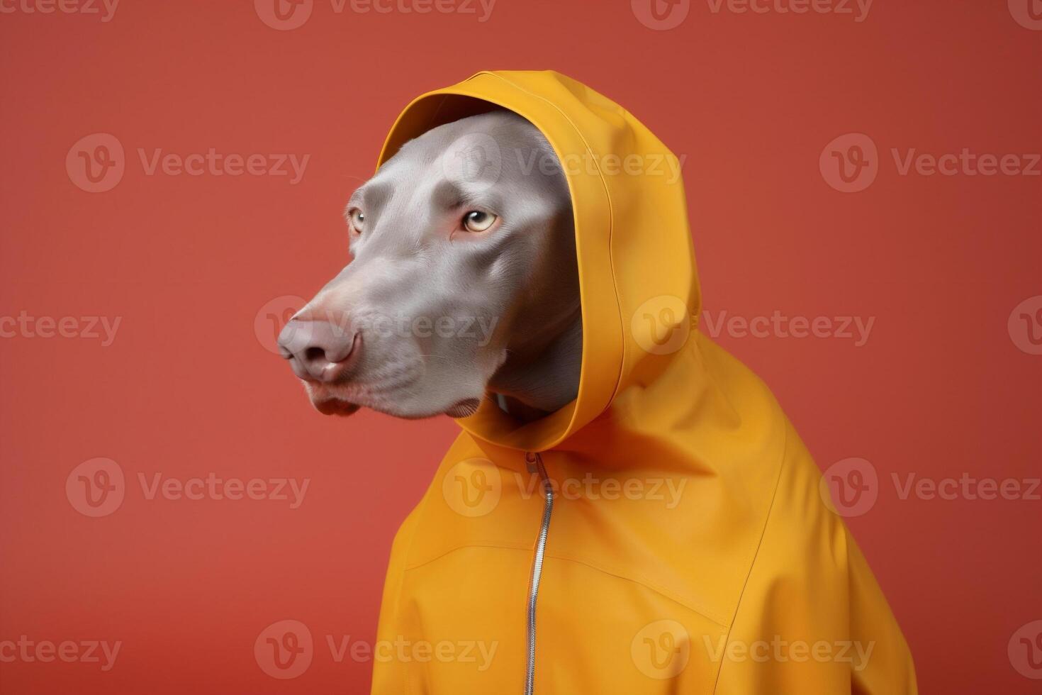 ai gegenereerd hond Aan een regen jas foto