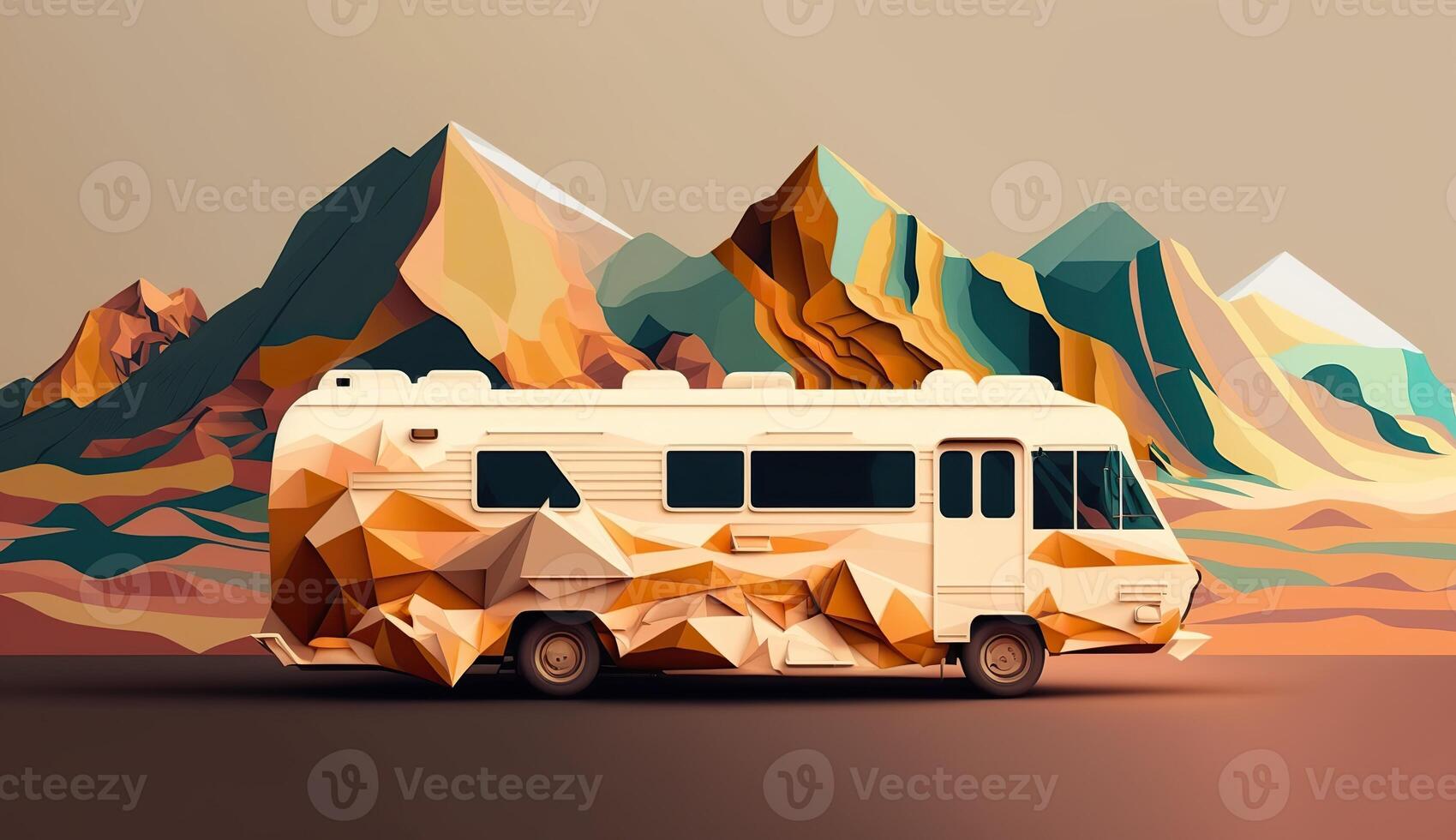 ai gegenereerd. ai generatief. laag poly tekenfilm kind stijl camper rv busje met bergen. kan worden gebruikt voor avontuur inspiratie of decoratie. grafisch kunst foto