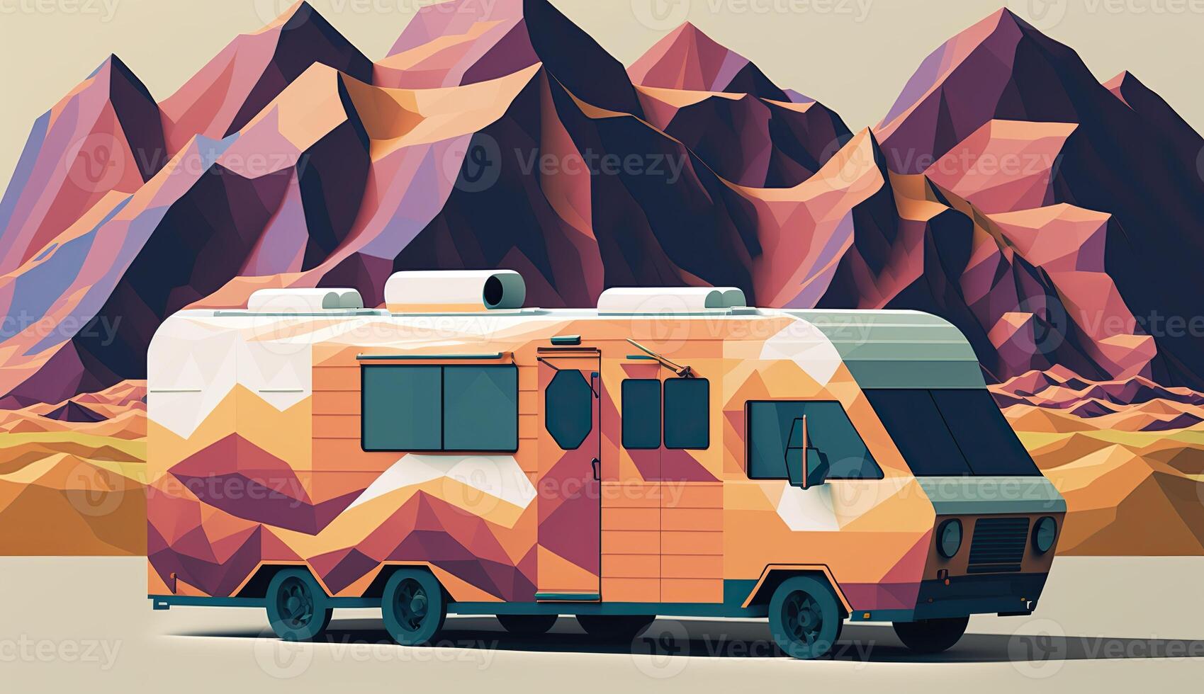 ai gegenereerd. ai generatief. laag poly tekenfilm kind stijl camper rv busje met bergen. kan worden gebruikt voor avontuur inspiratie of decoratie. grafisch kunst foto