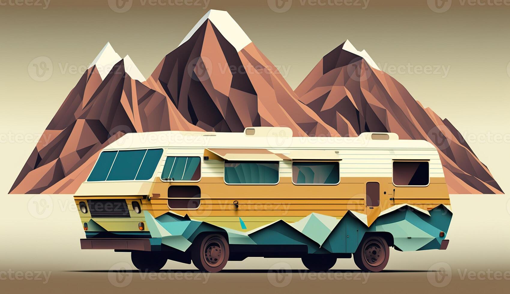 ai gegenereerd. ai generatief. laag poly tekenfilm kind stijl camper rv busje met bergen. kan worden gebruikt voor avontuur inspiratie of decoratie. grafisch kunst foto