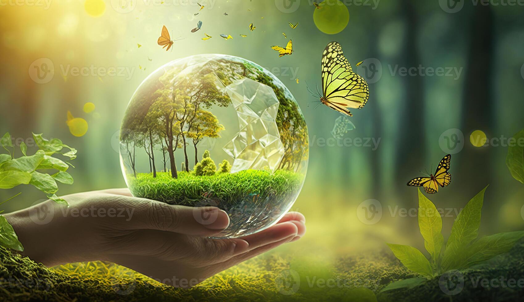 aarde kristal glas wereldbol bal en groeit boom in menselijk hand, vliegend geel vlinder Aan groen zonnig achtergrond. besparing omgeving, opslaan schoon planeet, ecologie concept, generatief ai foto