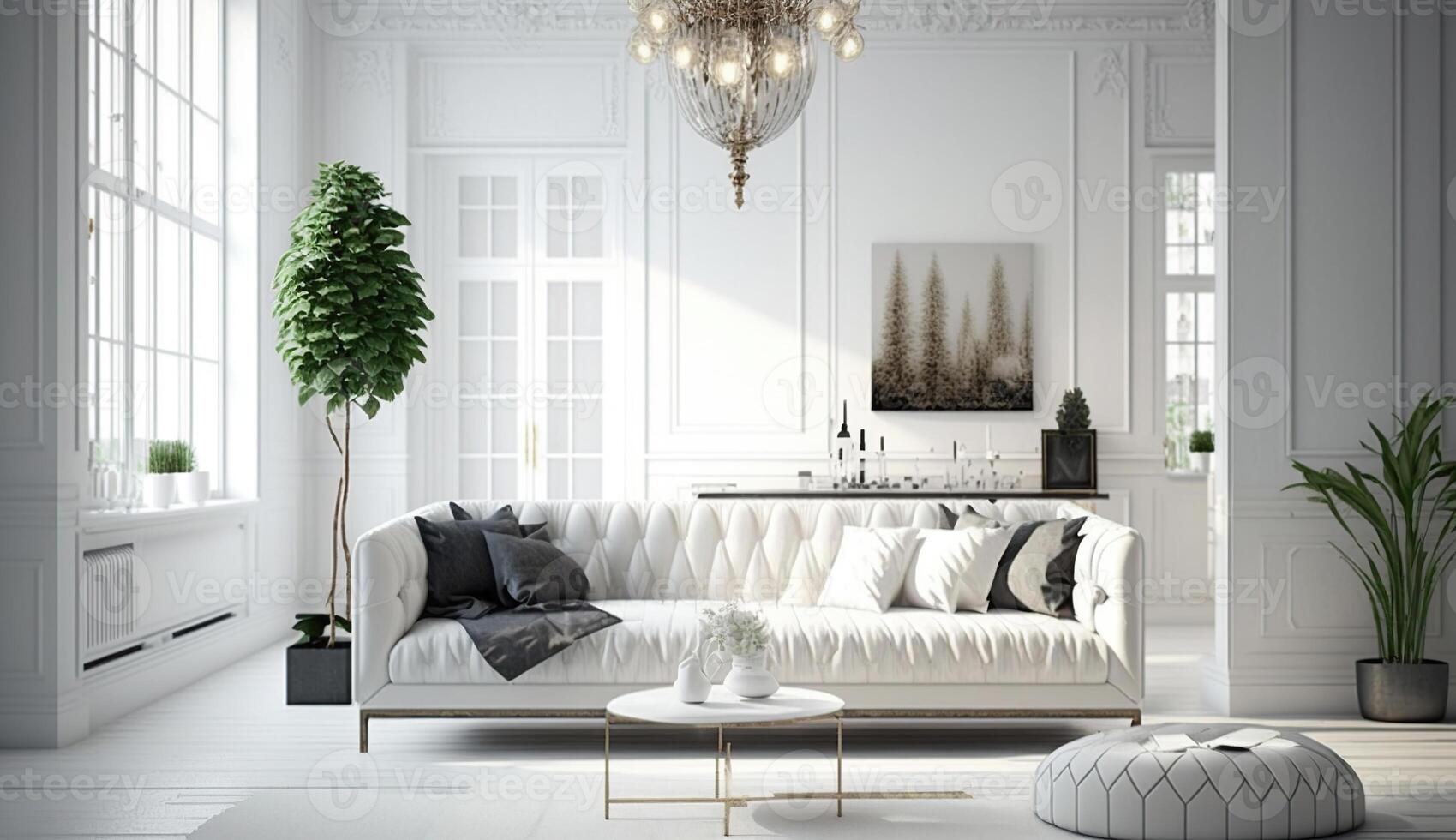 wit leven kamer met bank. Scandinavisch interieur ontwerp. 3d illustratie, generatief ai foto