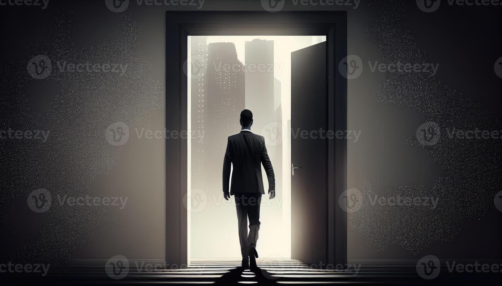 zakenman staand in voorkant van geopend deur en op zoek Bij wolkenkrabbers ai gegenereerd foto