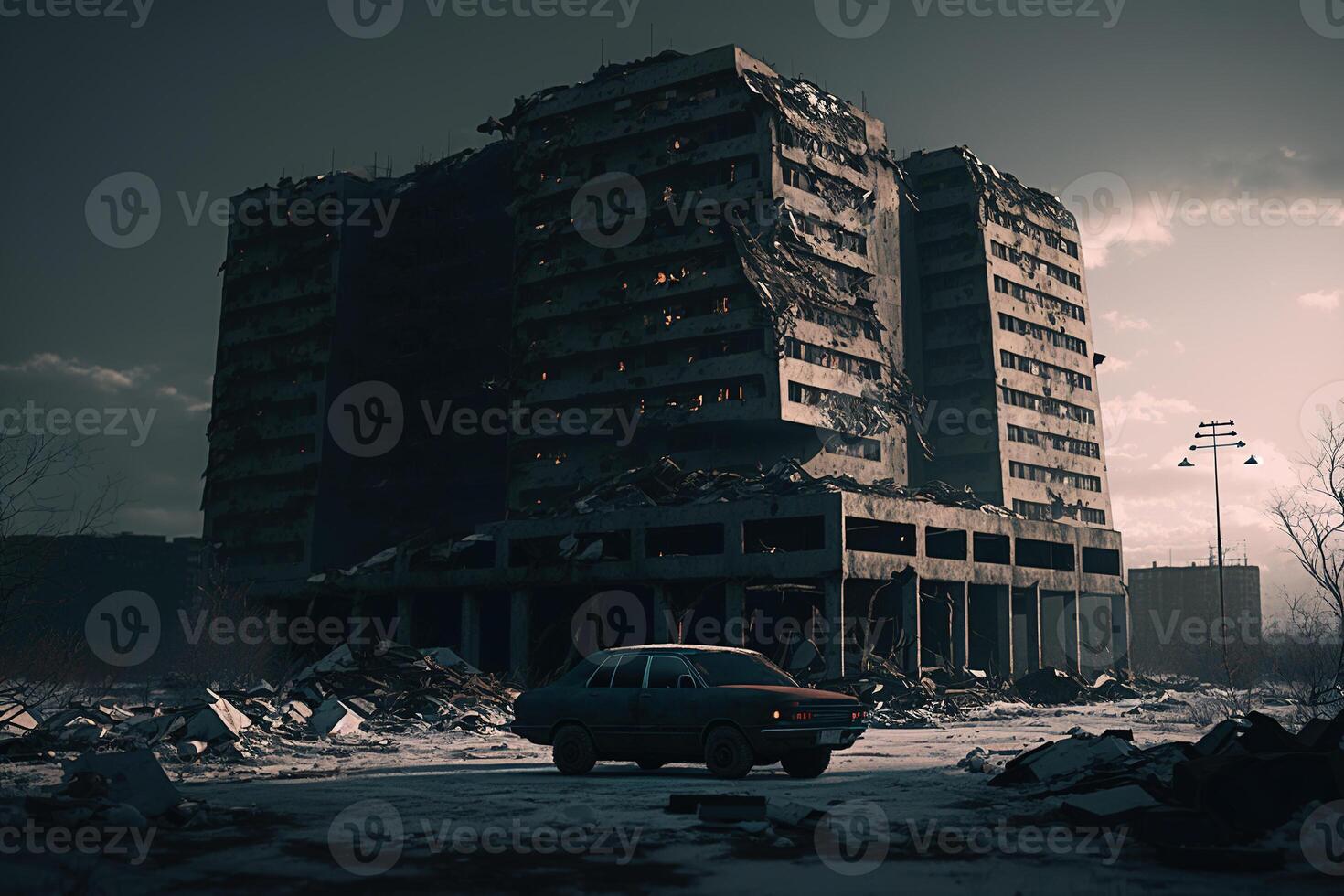 vernietigd en verbrand gebouwen in de oekraïens stad. generatief ai foto