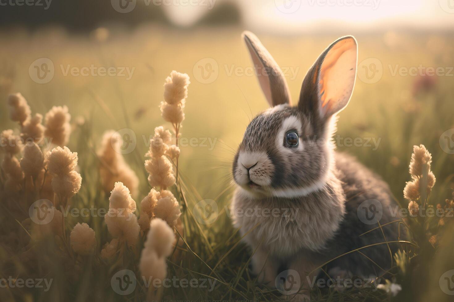konijn staand in een veld- van bloemen. ai gegenereerd. foto