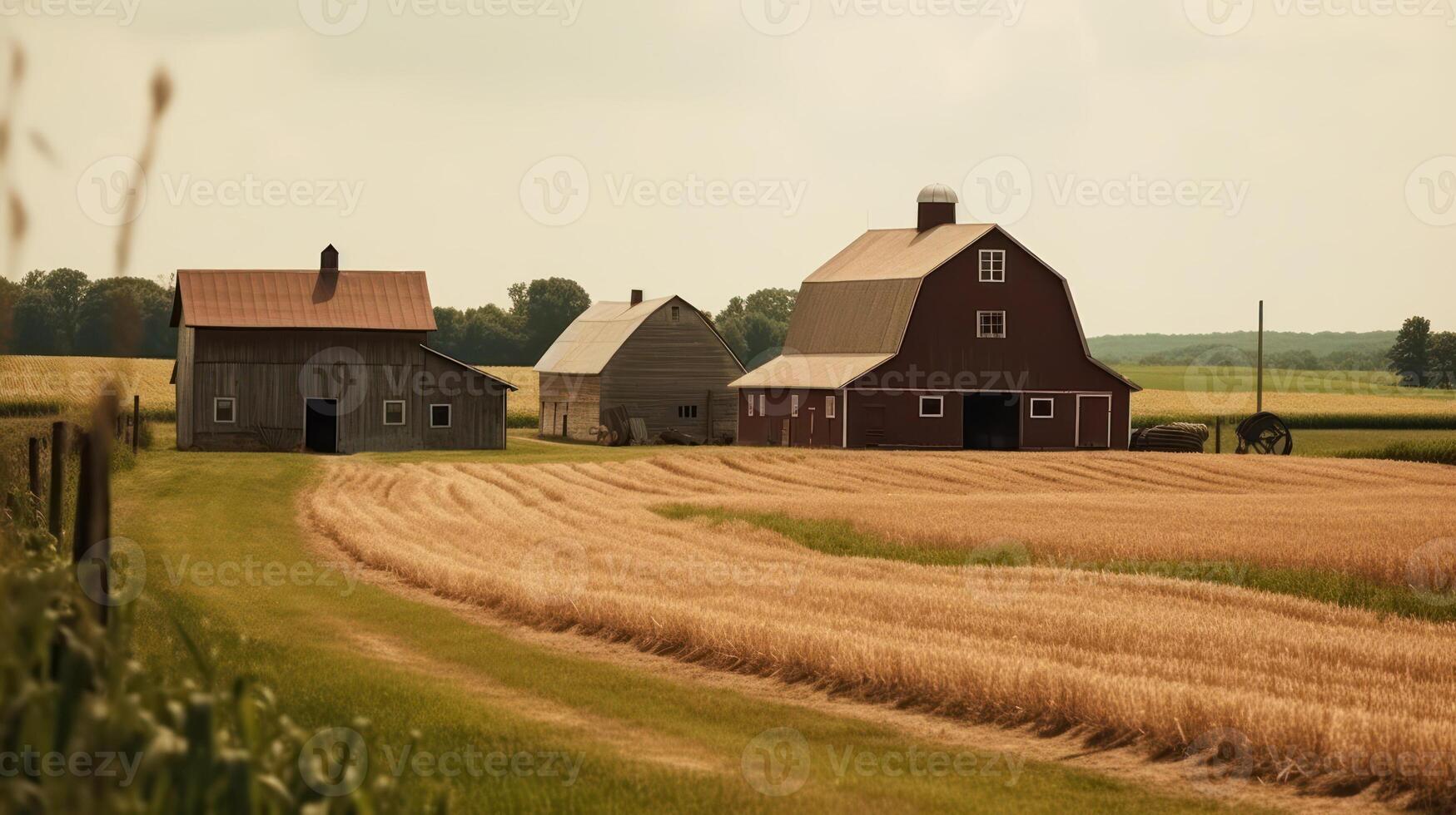 rustiek boerderij Aan veld- generatief ai foto