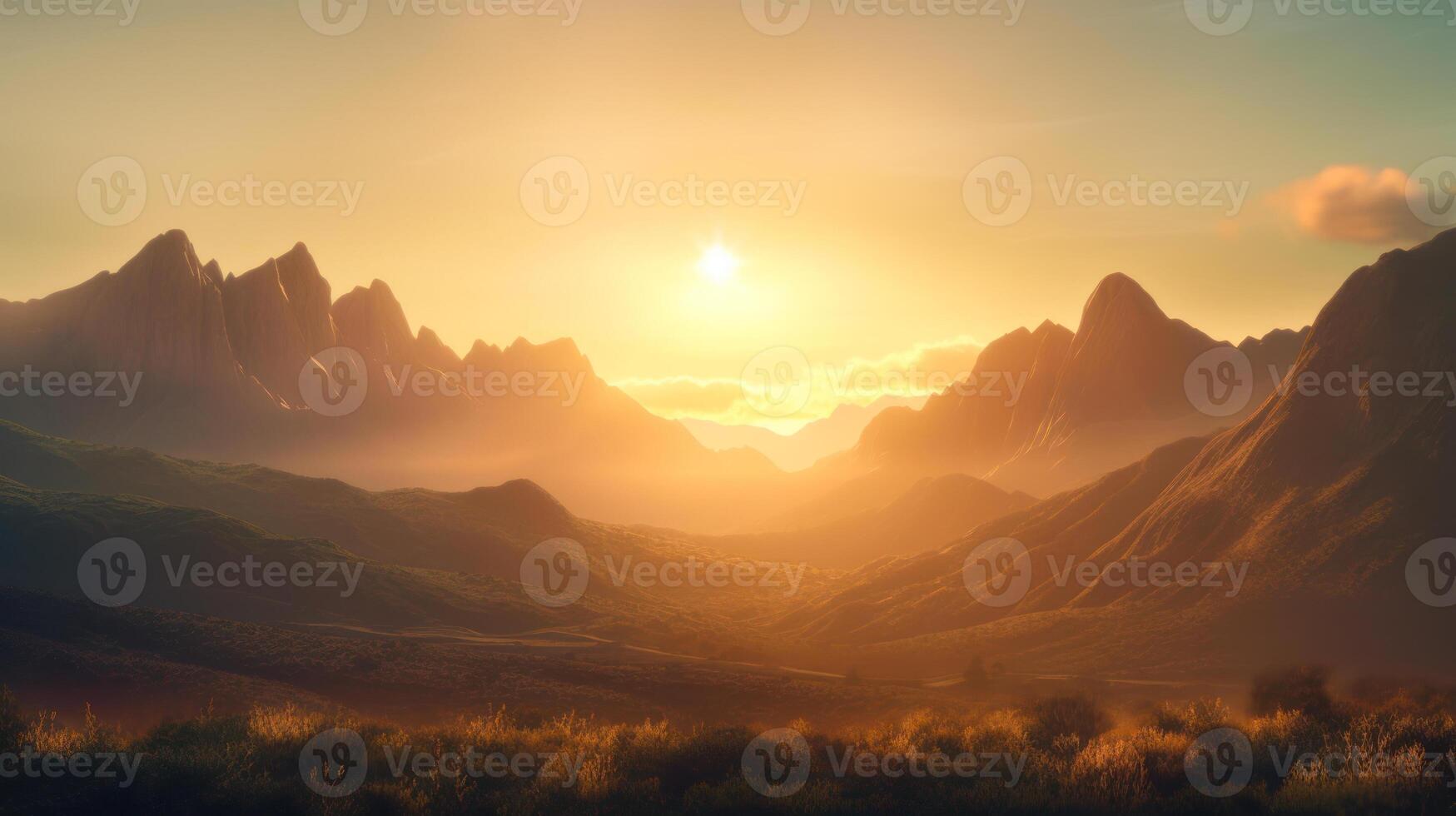 heet zomer licht, stijgende lijn zon in de ochtend- bergen reizen landschap generatief ai foto