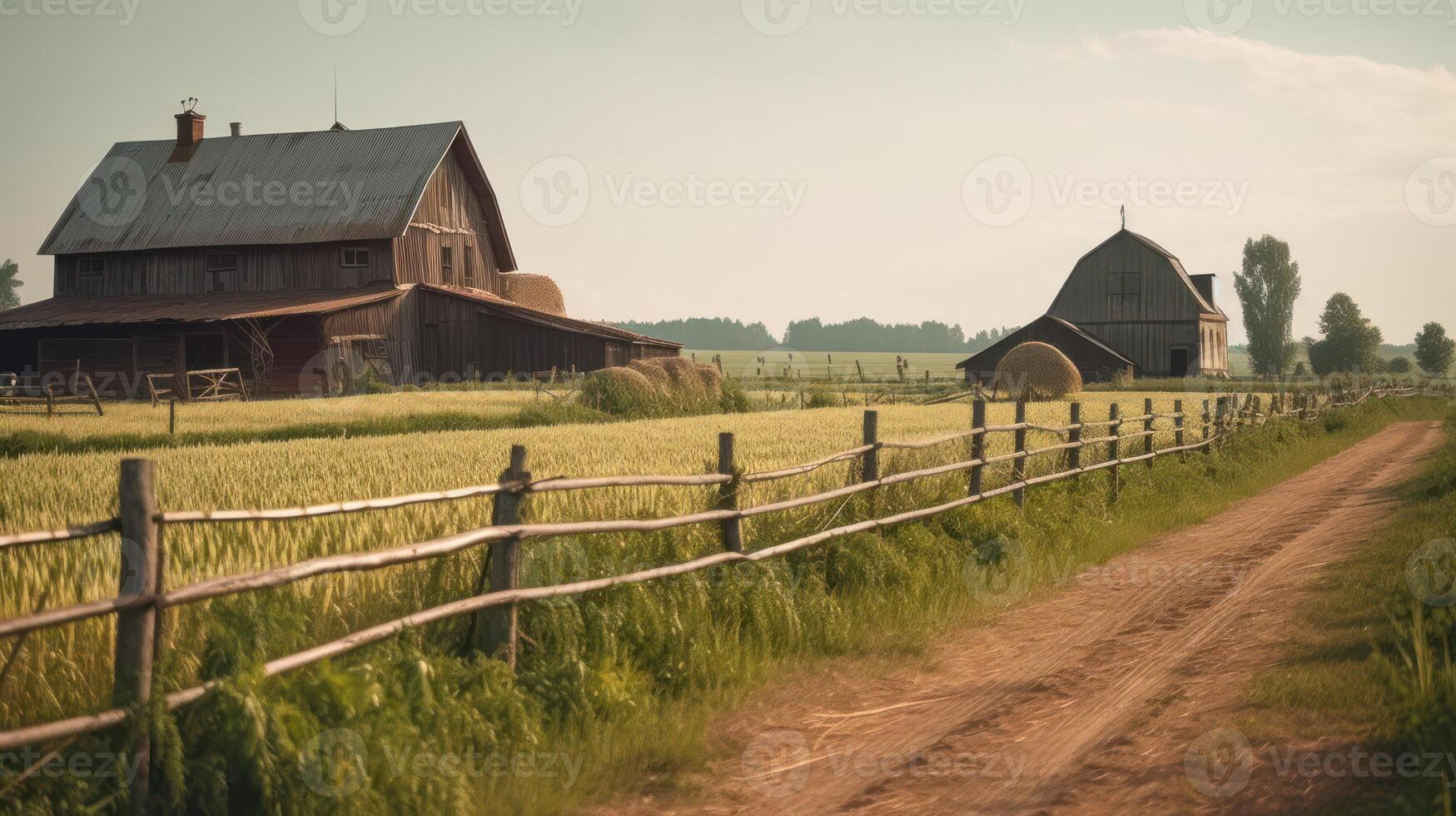 rustiek boerderij Aan veld- generatief ai foto