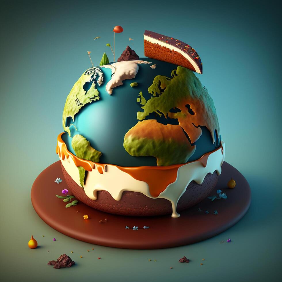 aarde vormig verjaardag taart 3d illustratie ,generatief ai foto
