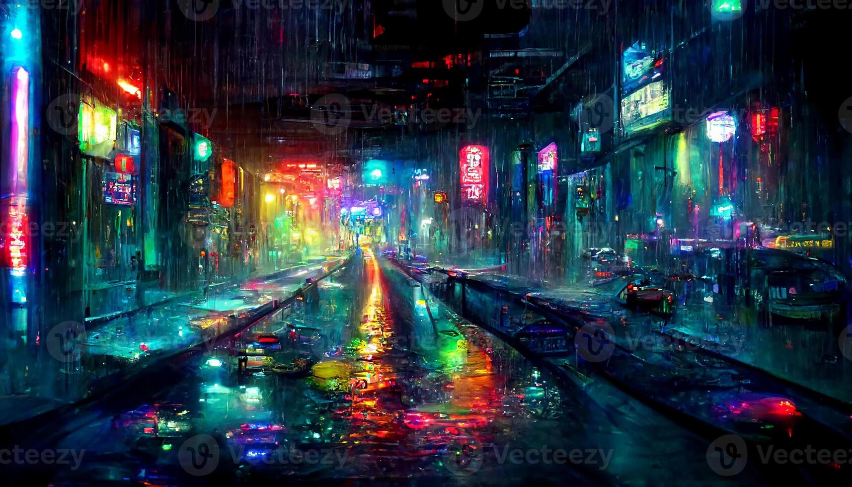 mistig nacht Aan een straat van een cyberpunk stad. reusachtig neon wolkenkrabbers. nat asfalt reflecterend gloeiend neon licht. generatief ai foto