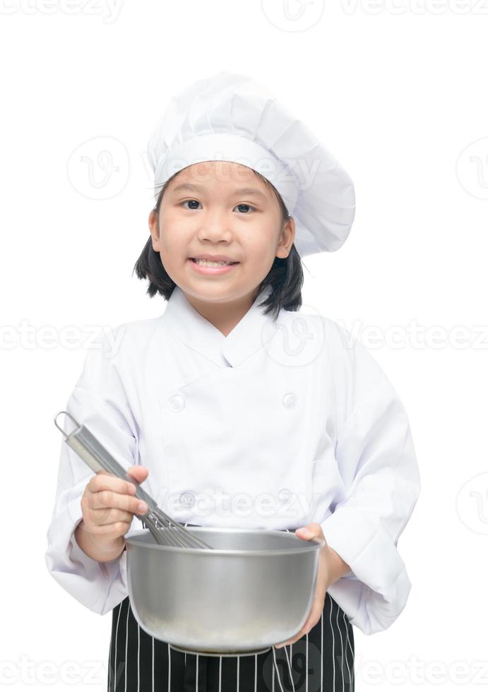 schattig Aziatisch meisje chef Holding vliegenmepper met kom een foto