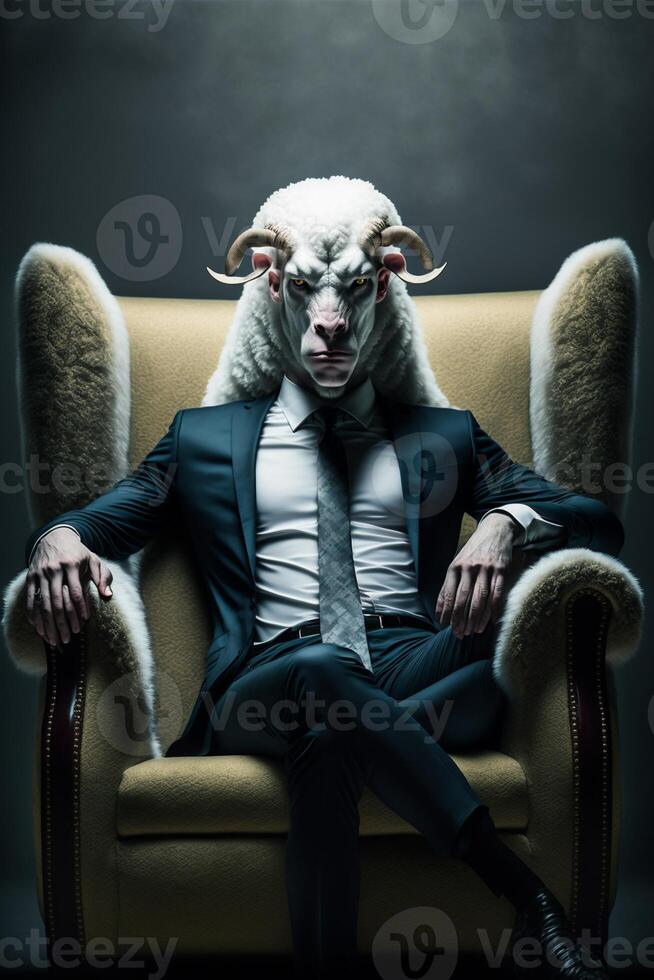 Mens in een pak zittend in een stoel met een schapen masker Aan zijn hoofd. generatief ai. foto