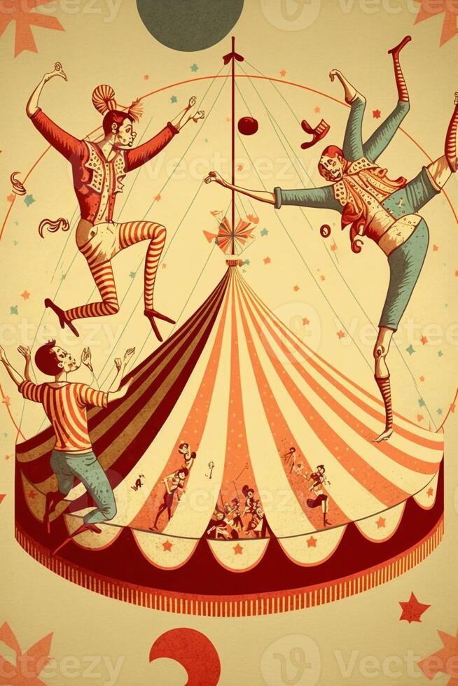 groep van circus artiesten het uitvoeren van Aan top van een circus tent. generatief ai. foto
