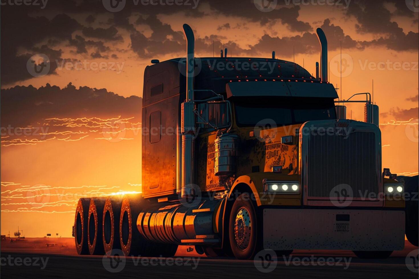 vrachtauto Bij zonsondergang. generatief ai foto