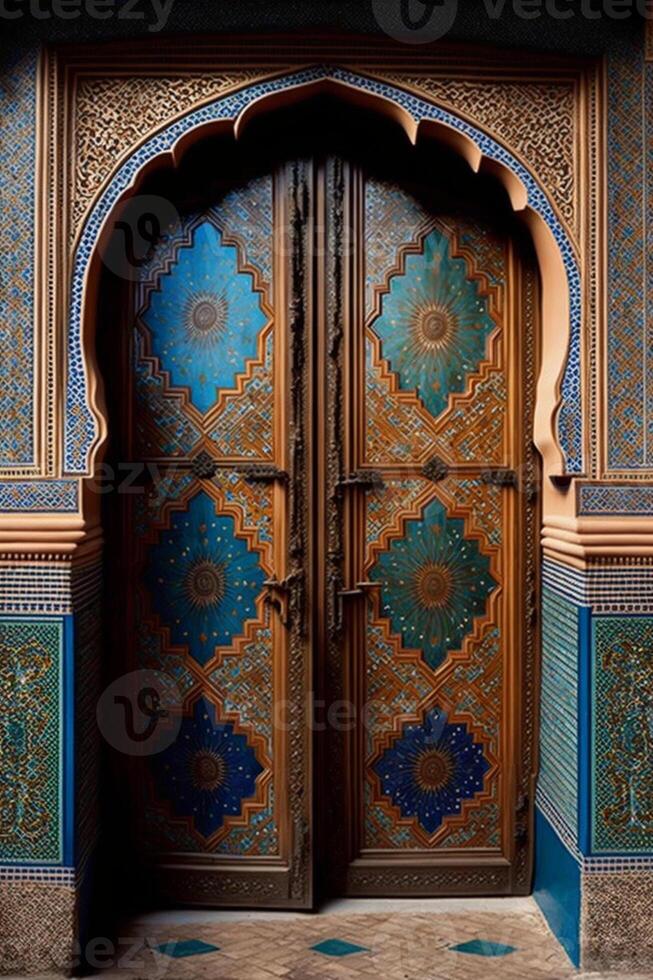 symmetrisch Marokkaans tegels en deuren. generatief ai foto