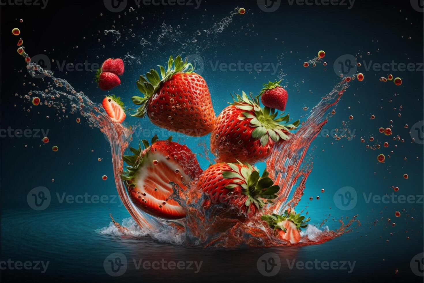 aardbeien en Strawberrie plakjes vallen. generatief ai foto