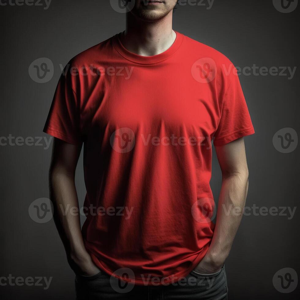 blanco rood t-shirt model, sluiten omhoog oranje t-shirt Aan donker achtergrond ,generatief ai foto