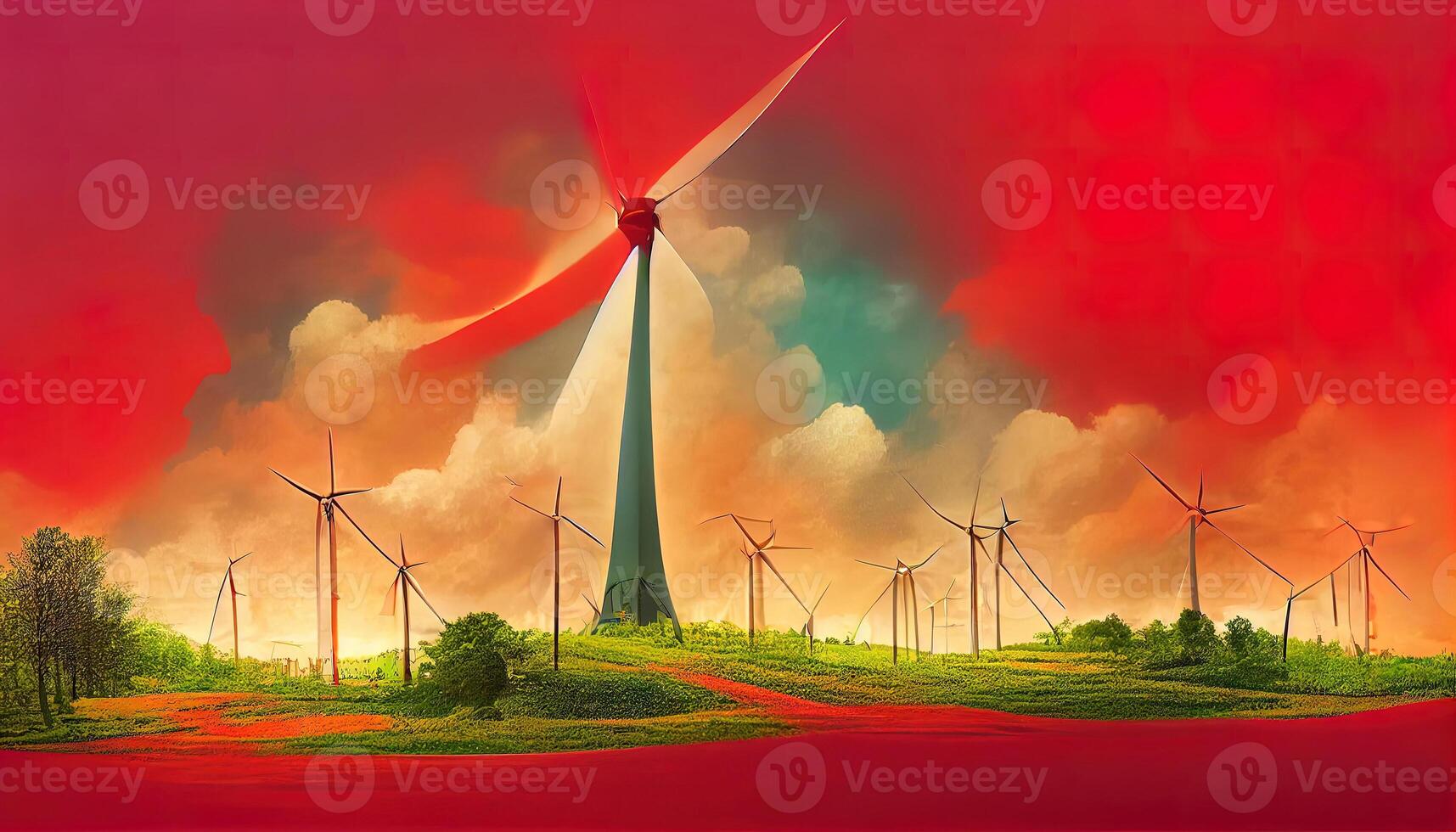 groep van windmolens voor elektrisch macht productie in de groen veld- van tarwe. generatief ai foto