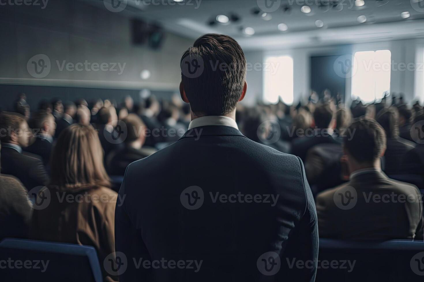 openbaar spreker geven praten in conferentie hal Bij bedrijf evenement. generatief ai foto