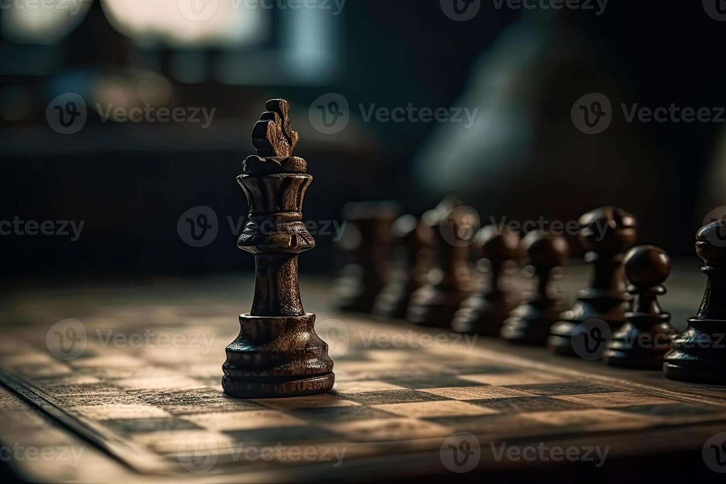 schaak stukken Aan schaakbord, donker achtergrond. generatief ai foto