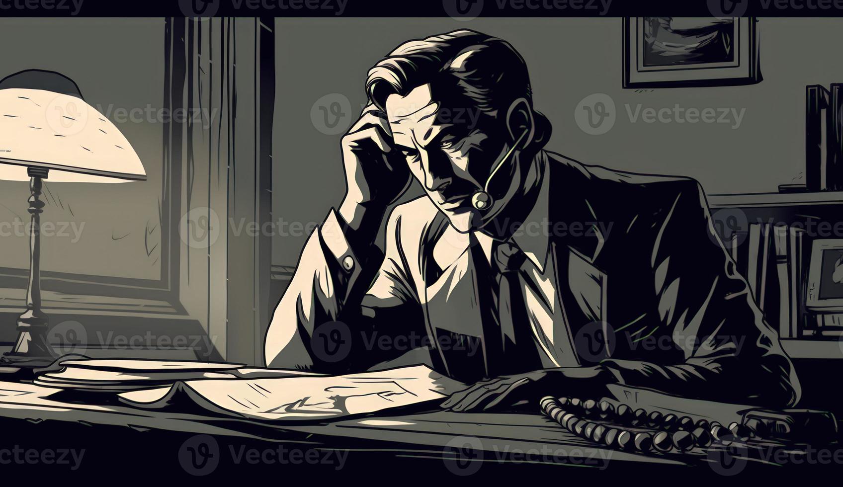 tekenfilm beeld van een zakenman zittend Bij zijn kantoor bureau, pratend Aan de telefoon, nemen aantekeningen of ondertekening documenten, beeltenis een bezig werk omgeving. foto